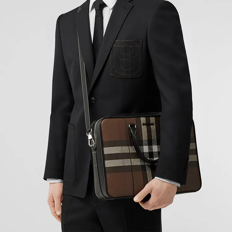 Burberry Plaid Patchwork Leather Briefcase Shoulder Bag Crossbody Bag Handbag Regular Men's Dark Birch Brown-6