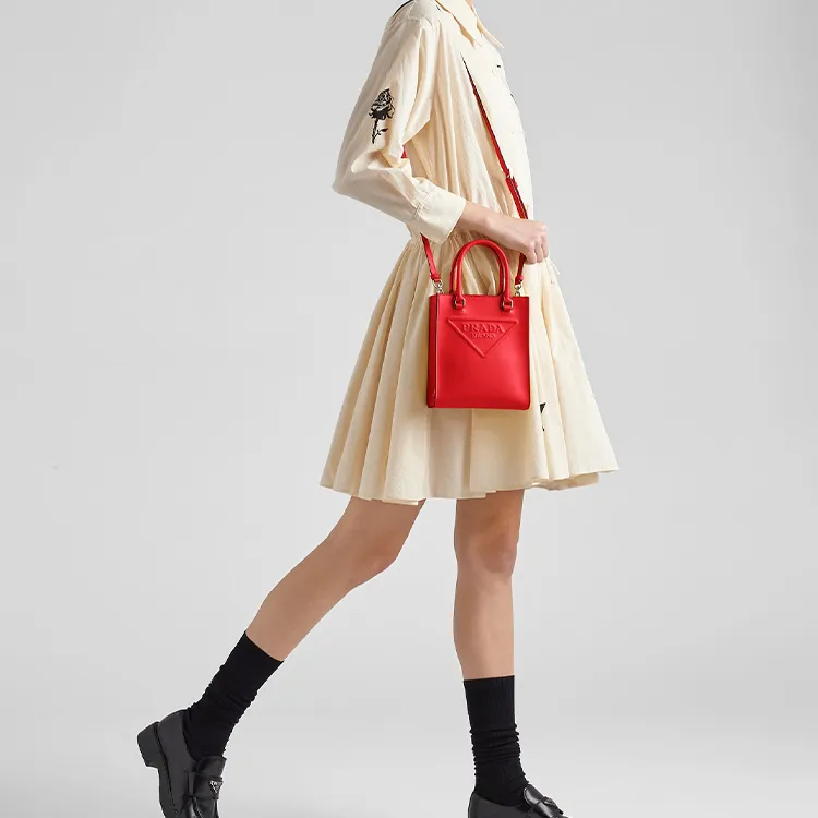 PRADA Leather Tote Bag, Shopping Bag, Handbag Women's Red-3