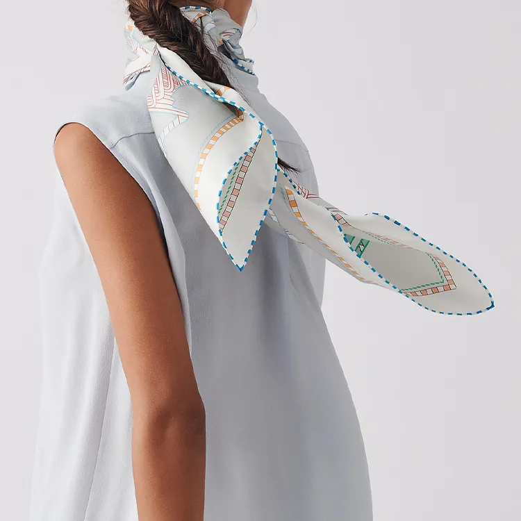 HERMES Curved Saddle Strap And Tatars Double Sided Square Scarf Light Blue/White-4
