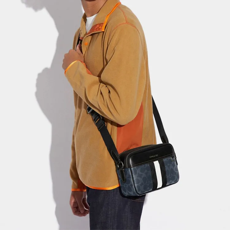 COACH Graham Stripes With Cow Leather Small Square Bag, Crossbody Bag, Shoulder Bag Medium Size Men's Denim Blue-4