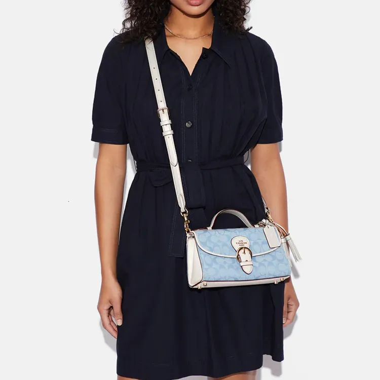 COACH Kleo Canvas With Leather And Smooth Leather Shoulder Bag Crossbody Bag Handbag Women's Blue Monogram-4