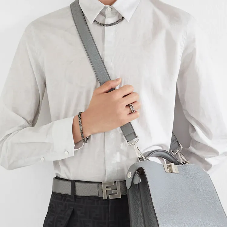 FENDI Square FF Smooth Buckle Cow Leather Belt Gray Men's-1