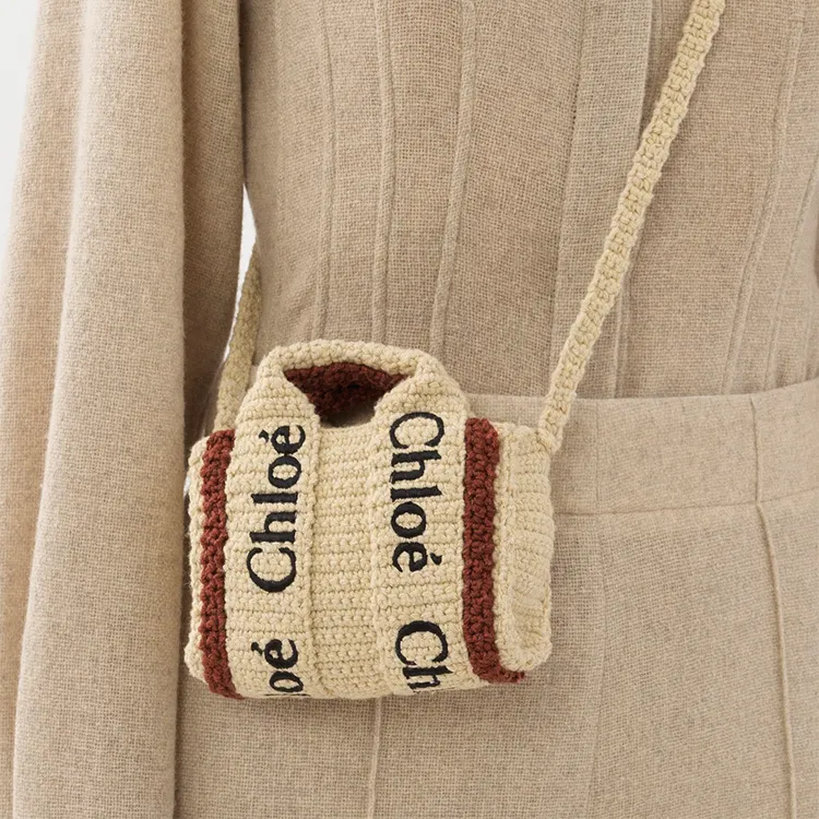 Chloe Woody Fabric Tote Bag, Shopping Bag, Shoulder Bag, Crossbody Bag Extra Mini Women's Beige & Brown-7
