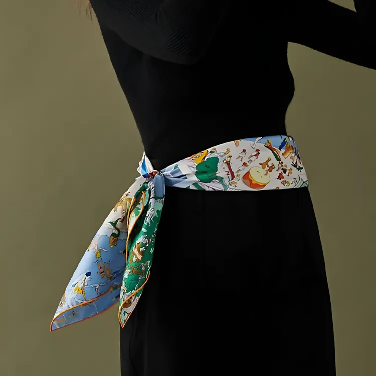 HERMES On The Beach Silk Scarves Women's Blue/Orange/Green-4