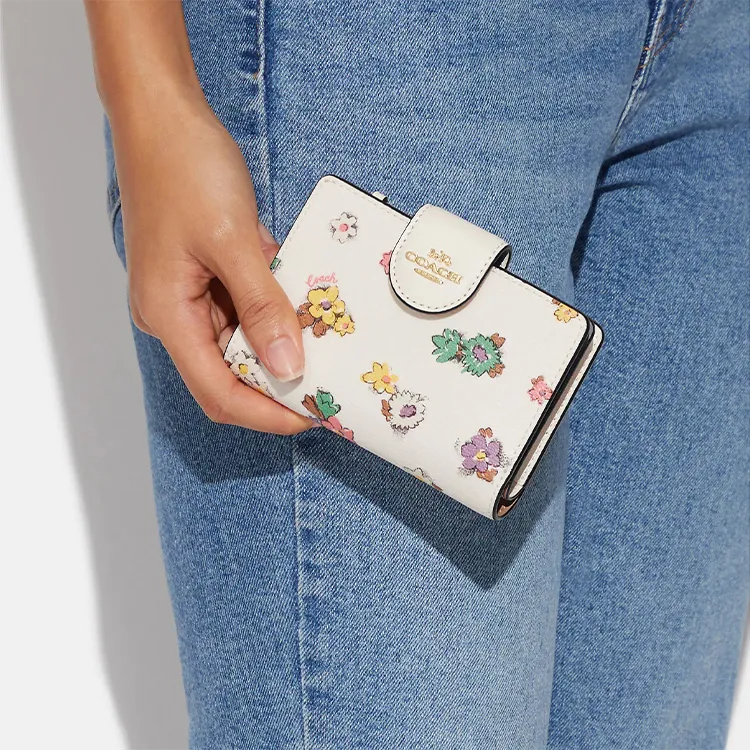 COACH Corner Zip Canvas Patchwork Smooth Leather Coin Purse Card Holder Wallet Medium Size Women's White-2