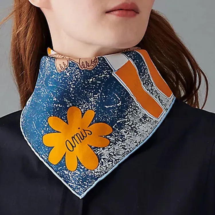 HERMES Silk Scarves Women's Marine Blue/Orange/Light Camel-1
