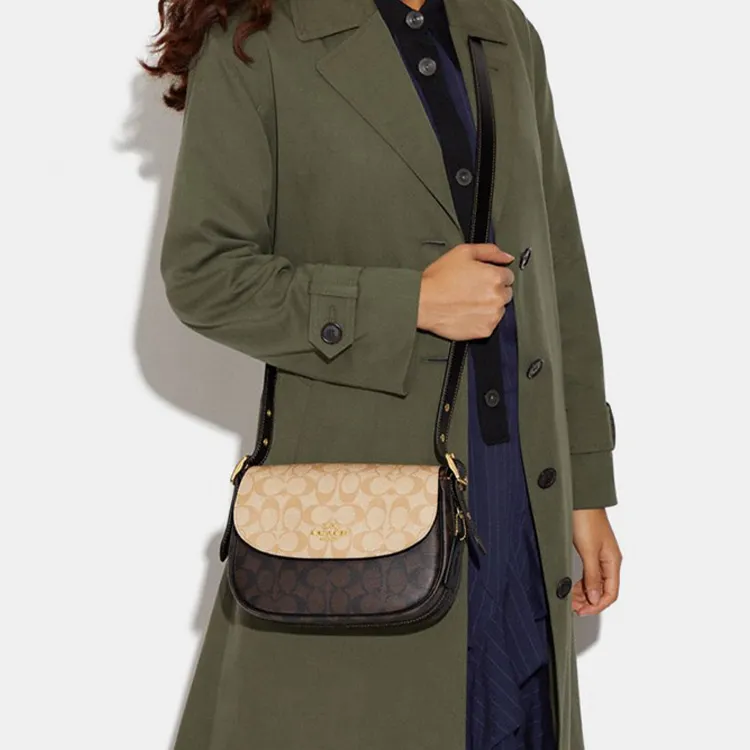 COACH Macie Artificial Leather Saddle Bag, Crossbody Bag, Shoulder Bag Medium Size Women's Light Khaki & Brown-4