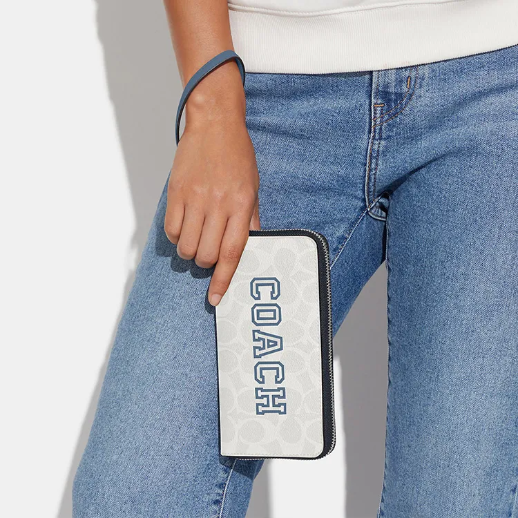 COACH Zip Around Smooth Leather With Canvas Wrist Bag Clutch Wallet Trumpets Women's Chalk White & Indigo-3
