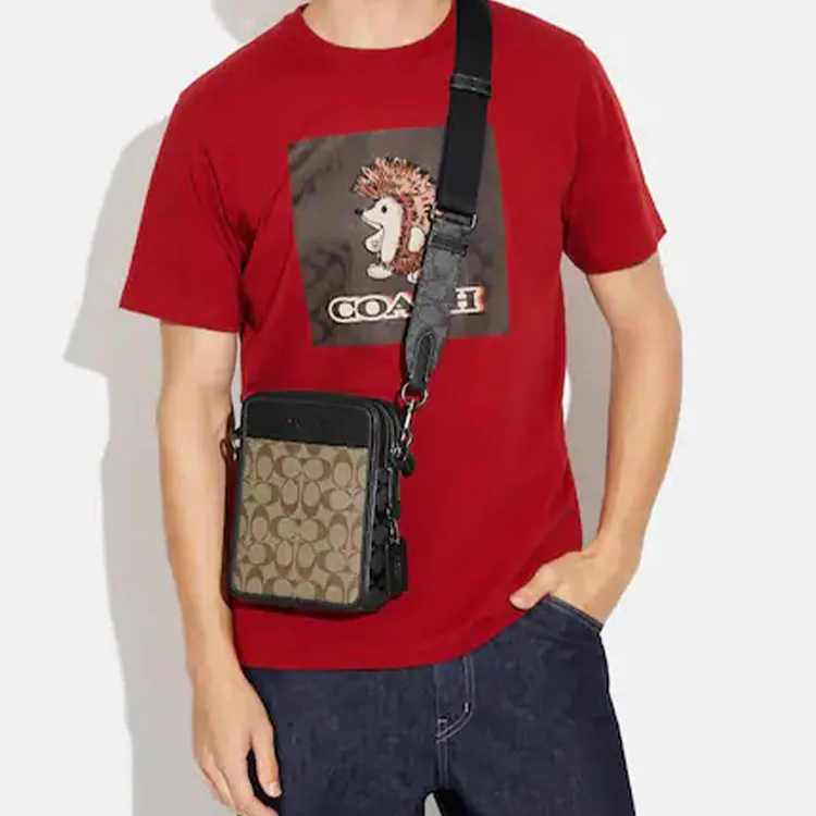 COACH Sullivan Coated Canvas With Pebbled Leather Shoulder Bag, Crossbody Bag Trumpets Men's Khaki With Charcoal-4
