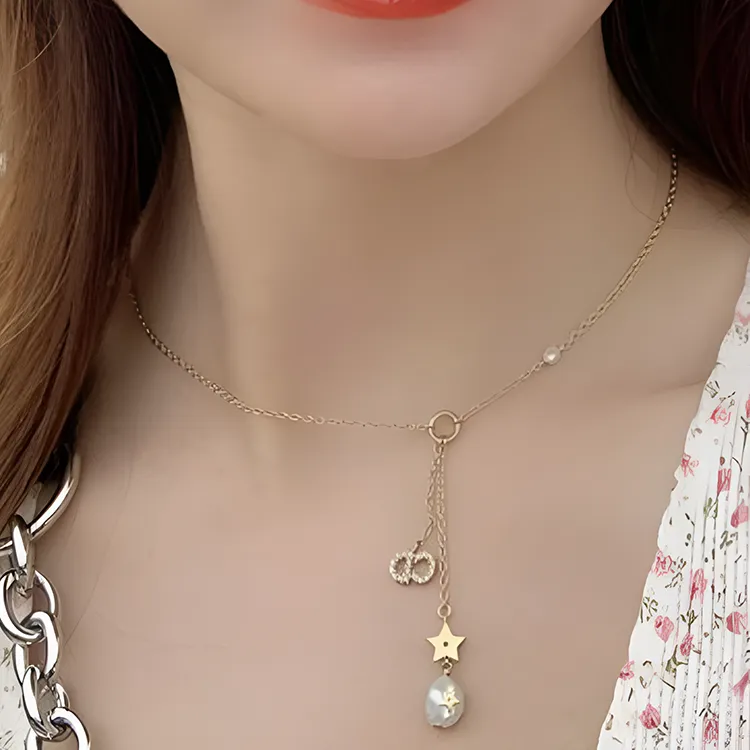 DIOR White Crystal Necklaces Women's Gold-2