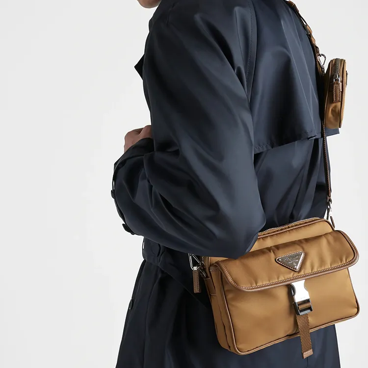 PRADA Leather, Textile Crossbody Bag, Shoulder Bag Men's Tobacco-3