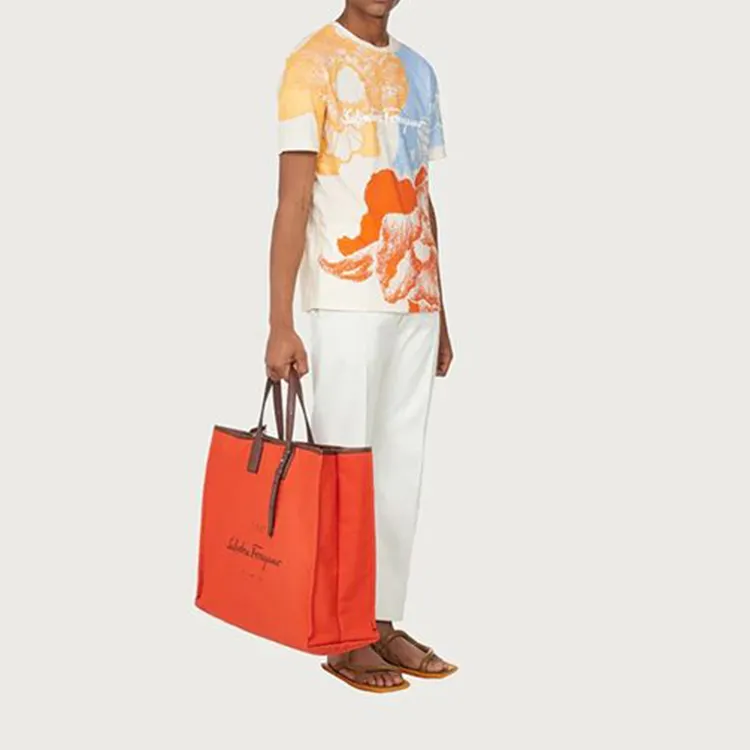 FERRAGAMO Canvas With Leather Canvas Bag Tote Bag Shopping Bag Handbag Men's Volcano Red-4
