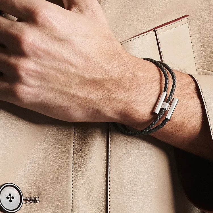 HERMES Cow Leather Bangles Men's Tin Gray-3