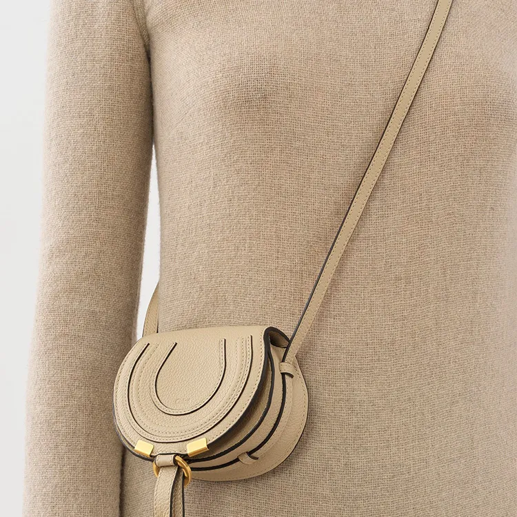 Chloe Marcie Brass And Grain Calfskin Saddle Bag Shoulder Bag, Crossbody Bag Extra Mini Women's Beige-3