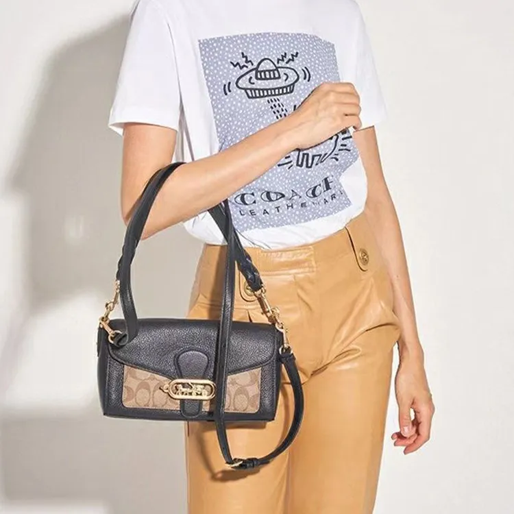 COACH Jade Coated Canvas With Leather Shoulder Bag, Portable Crossbody Bag Women's Black & Brown Monogram-4