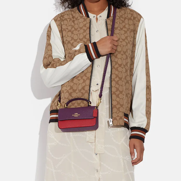 COACH Cross Grain Leather Handbag, Shoulder Bag, Crossbody Bag Mini Women's Purple & Red-5