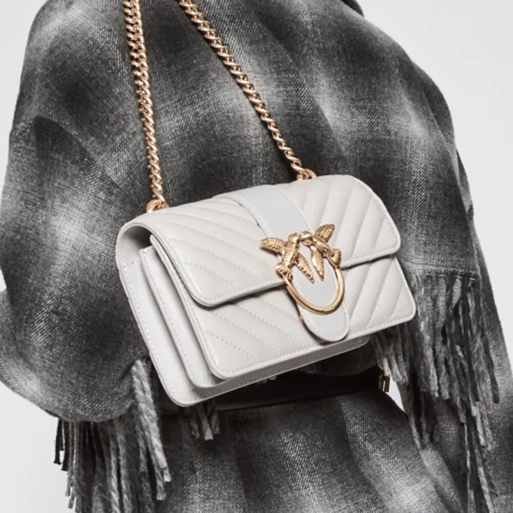 PINKO Sheepskin Swallow Bag, Chain Bag, Crossbody Bag, Shoulder Bag Women's Gray White-2