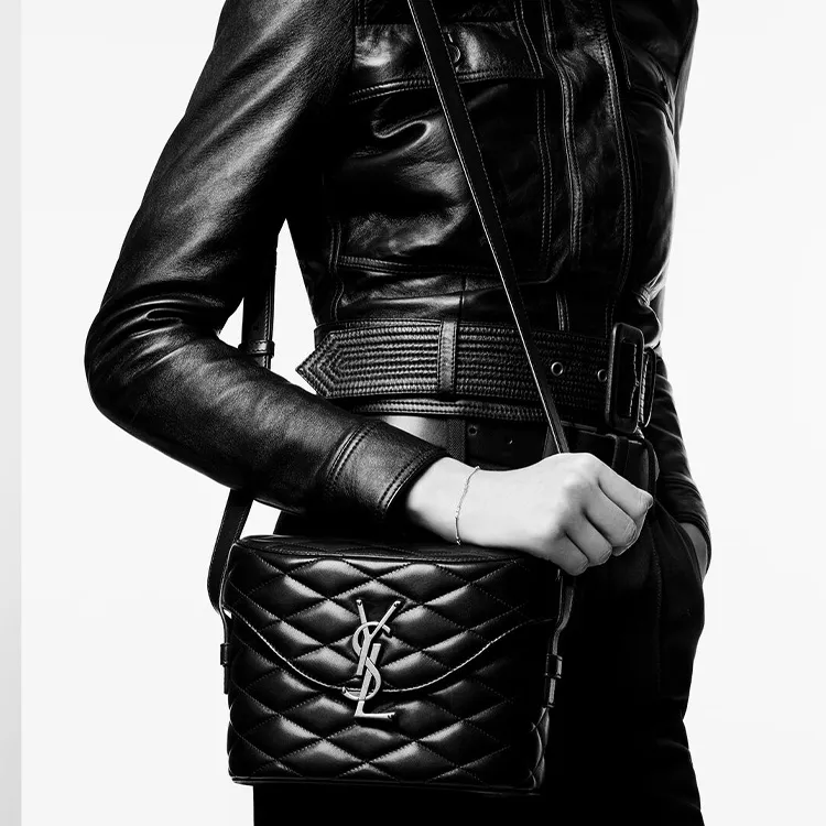 SAINT LAURENT June Quilting Patent Leather Calfskin Shoulder Bag Crossbody Bag Women's Black-6