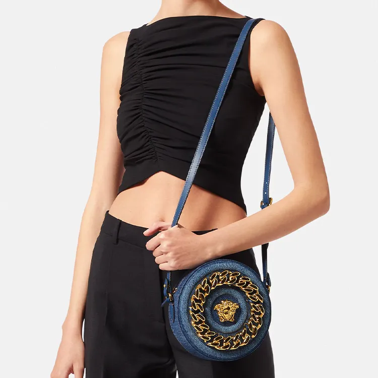 VERSACE La Medusa Cotton With Calfskin Trim Shoulder Bag Crossbody Bag Women's Blue-4