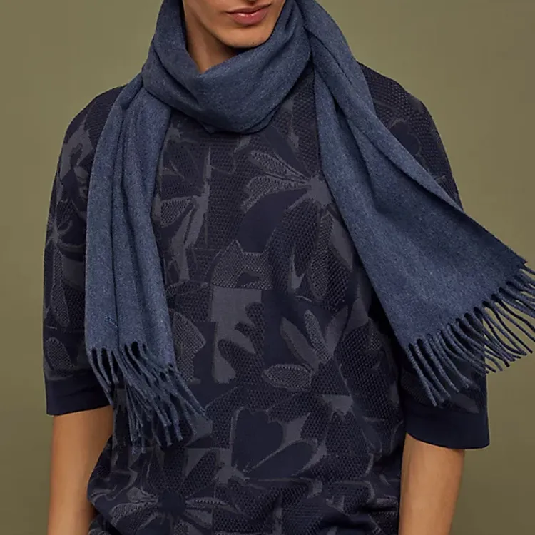 HERMES Cashmere Knit Scarf Men's Blue-1