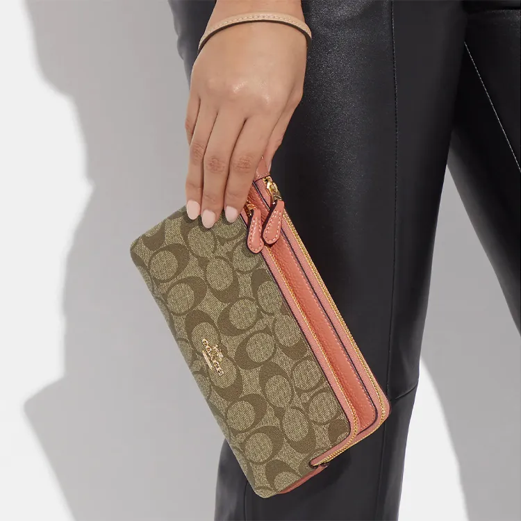 COACH Double Zip Wallet Canvas With Pebbled Leather Accents Wallet Women's Khaki With Light Coral-4