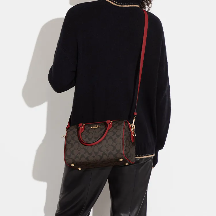 COACH Rowan Canvas With Leather Handbag Shoulder Bag Crossbody Bag Medium Size Women's Brown & Red-3