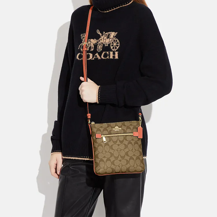 COACH Rowan Canvas With Leather Document Bag, Shoulder Bag, Crossbody Bag Trumpets Women's Khaki & Light Coral-5