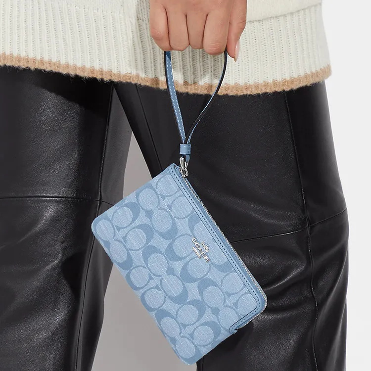 COACH Corner Zip Canvas With Leather Wrist Bag Clutch Trumpets Women's Light Blue-5
