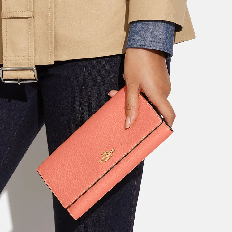 COACH Trifold Wallet Pebbled Leather Wallet Women's Orange-2