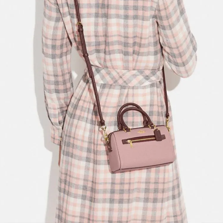 COACH Rowan Cross Stitch Leather Briefcase Shoulder Bag Crossbody Bag Handbag Mini Women's Pink & Burgundy-3