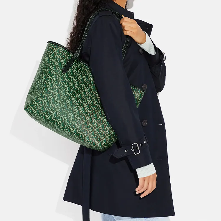 COACH City Printed Coated Canvas With Smooth Leather Tote Bag, Shopping Bag, Handbag, Shoulder Bag Women's Green-3