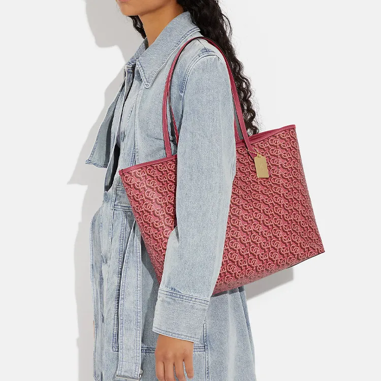 COACH City Canvas With Leather Tote Bag, Shopping Bag, Handbag, Shoulder Bag Women's Rouge Red-3