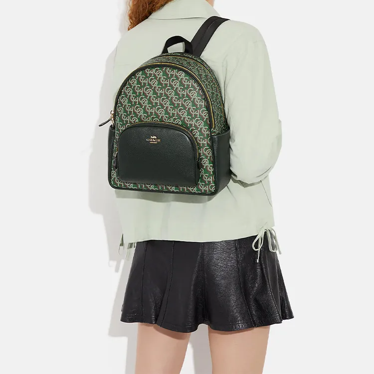 COACH Print Coated Canvas With Refined Pebbled Leather Backpack Tubas Women's Green-3