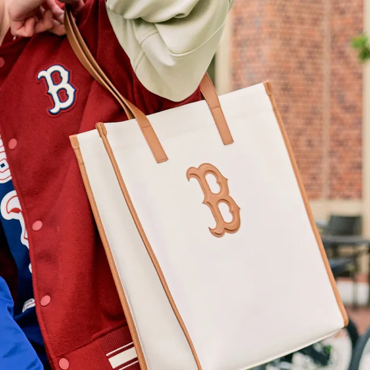 MLB Cotton With Polyester Tote Shopping Bag Handbag Shoulder Bag Unisex Ecru & Milk Tea Brown-4
