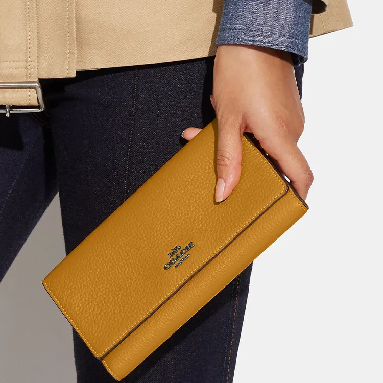 COACH Slim Wallet Refined Pebble Leather Card Holder Wallet Women's Mustard Yellow-2
