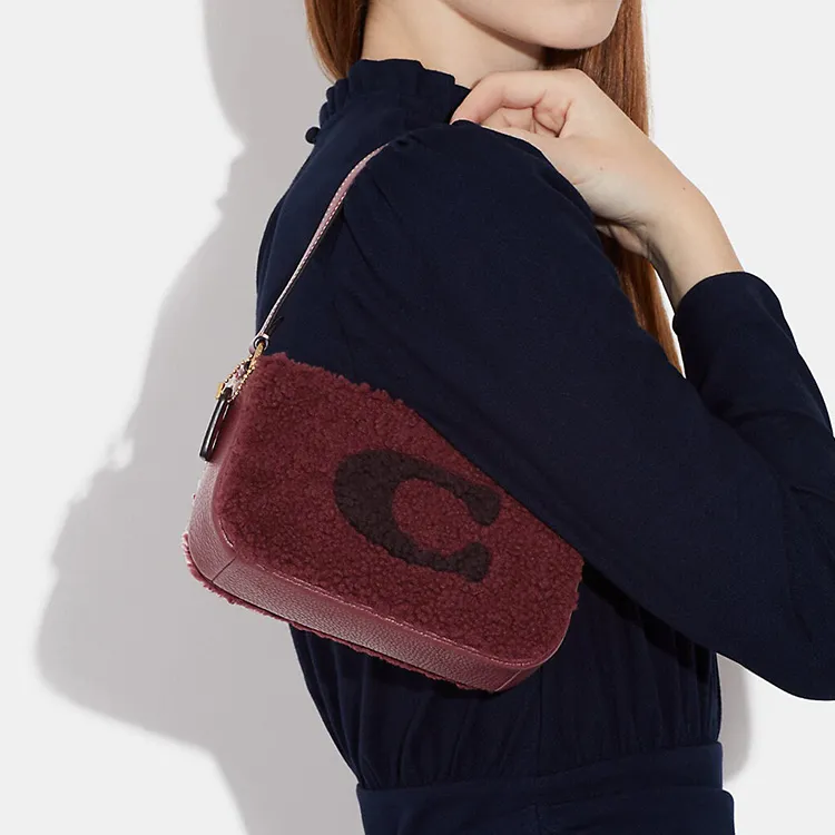 COACH Nolita Shearling With Leather Shoulder Bag Portable One Shoulder Clutch Small Size Women's Cherry Red-3