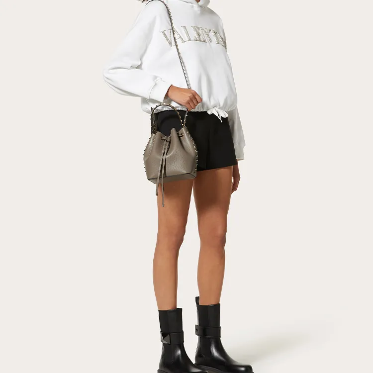 Valentino Rockstud Calfskin Bucket Bag Shoulder Bags Handbags Small Size Women's Gray-6