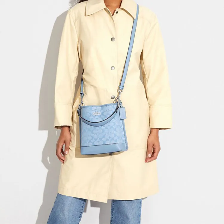 COACH Mollie Cow Leather With Textile Bucket Bag, Handbag, Shoulder Bag, Crossbody Bag Trumpets Women's Light Blue-3