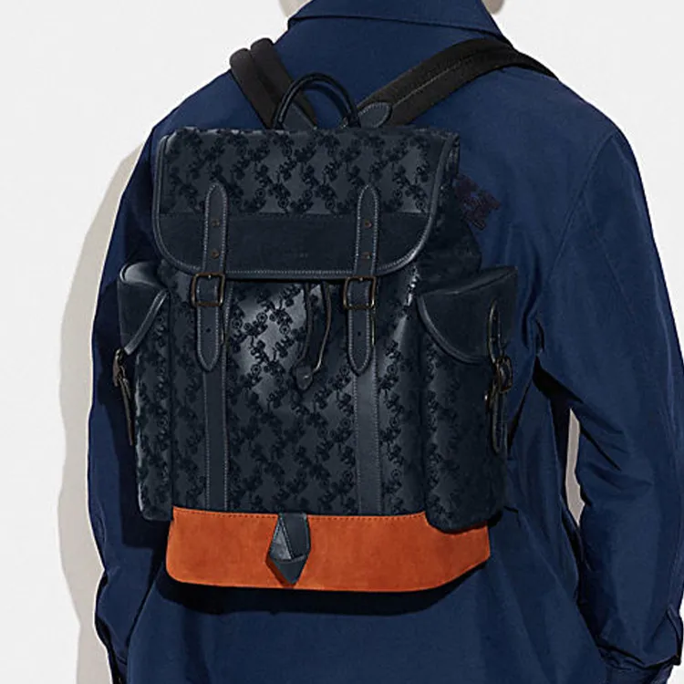 COACH Hitch Fabric With Cow Leather Backpack Large Size Men's Black-3