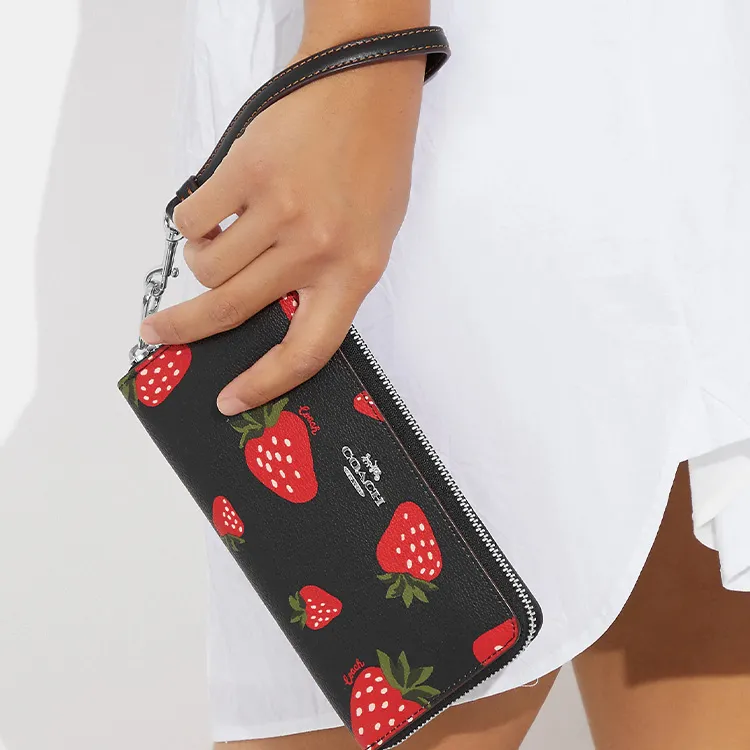 COACH Zip Around Canvas With Leather Clutch Card Holder, Wallet Small Size Women's Black & Red-4