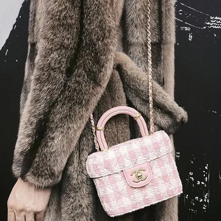 CHANEL Lambskin With Tweed Portable One Shoulder Crossbody Makeup Bag Trumpets Women's Pink/White-6