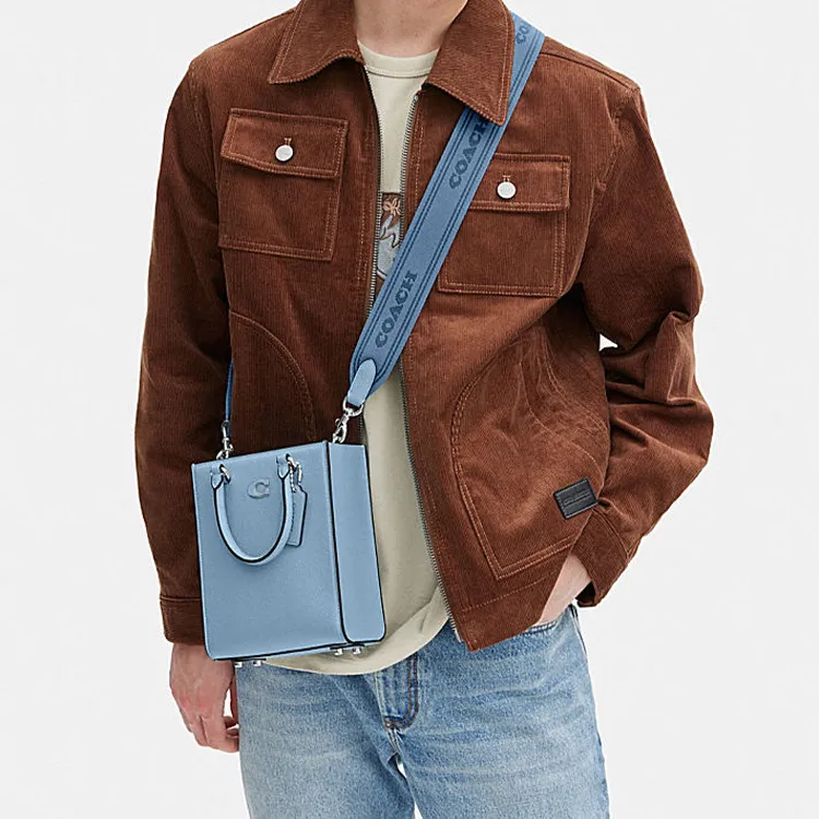 COACH Cross Grain Leather With Canvas Tote Bag, Shopping Bag, Handbag Trumpets Women's Light Blue-3