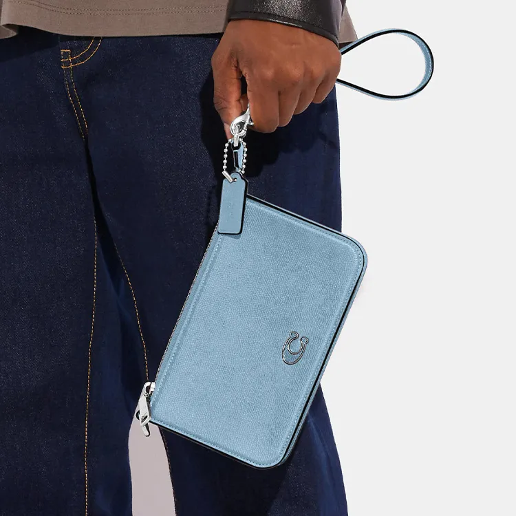 COACH Pouch Canvas With Leather Clutch Handbag, Shoulder Bag Women's Blue-4