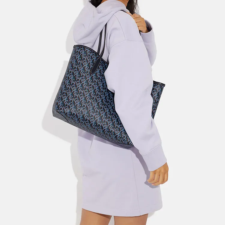 COACH City Canvas With Leather Tote Bag, Shopping Bag, Handbag, Shoulder Bag Women's Marine Blue-3