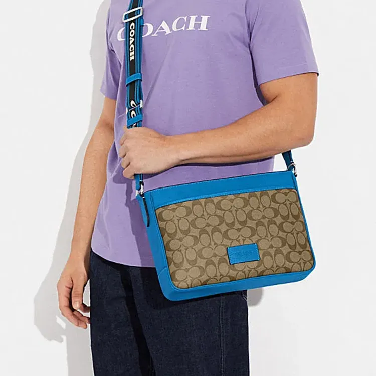 COACH Cow Leather Document Bag, Shoulder Bag, Crossbody Bag Tubas Men's Blue & Brown-4