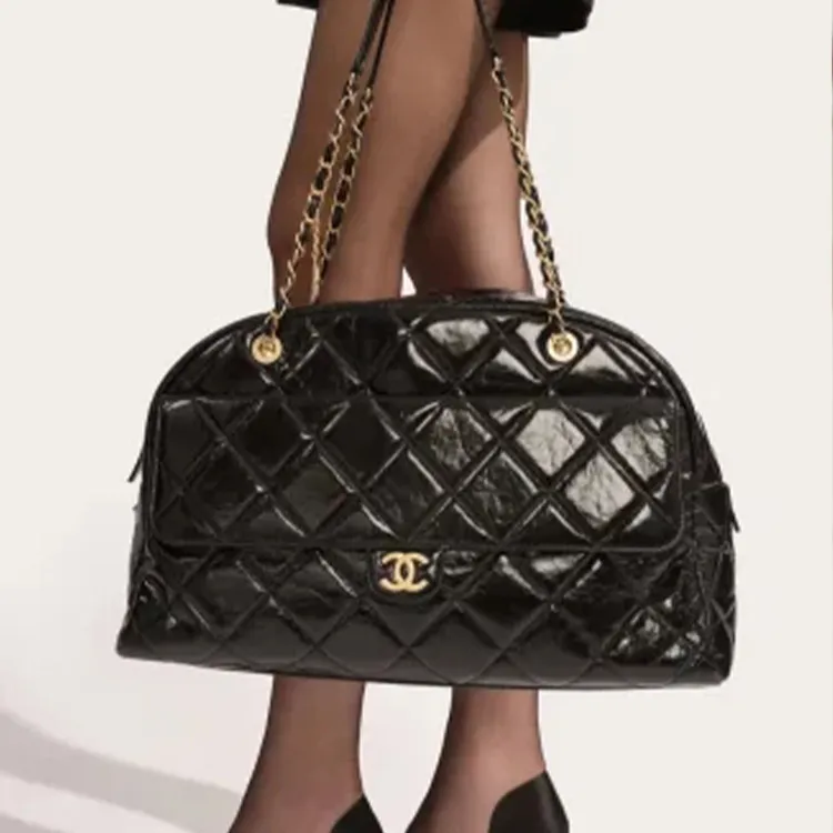 CHANEL Bright Color Wrinkle Calfskin With Gold Metal Bowling Bag, Shoulder Bag, Handbag Extra Large Women's Black-4