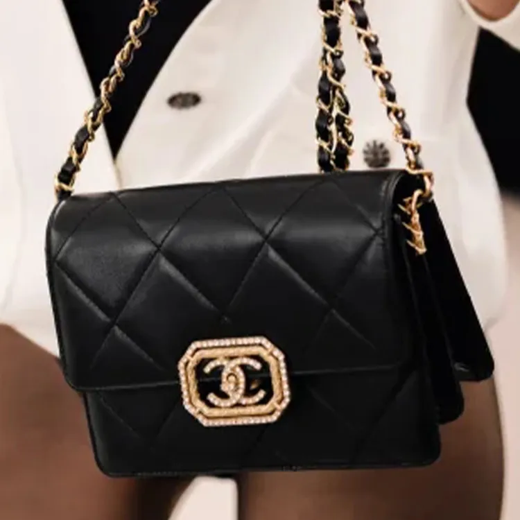 CHANEL Calfskin With Rhinestone Flap Bag, Crossbody Bag, Shoulder Bag Women's Black-3