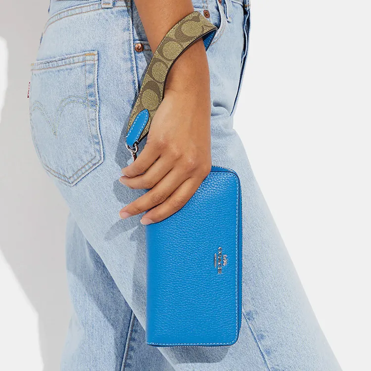 COACH Zip Around Canvas With Leather Coin Pocket Clutch Wallet Trumpets Women's Blue-2