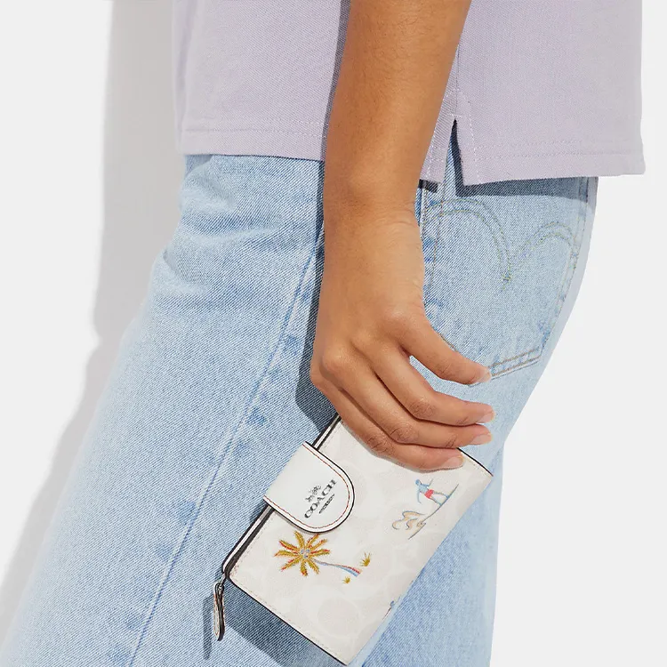 COACH Corner Zip Canvas With Leather Coin Pocket Wallets Women's White-4