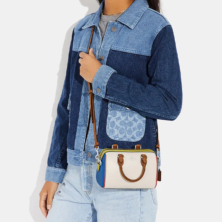 COACH Rowan Leather Boston Bag Shoulder Bag Crossbody Bag Handbag Small Size Women's White & Blue-3